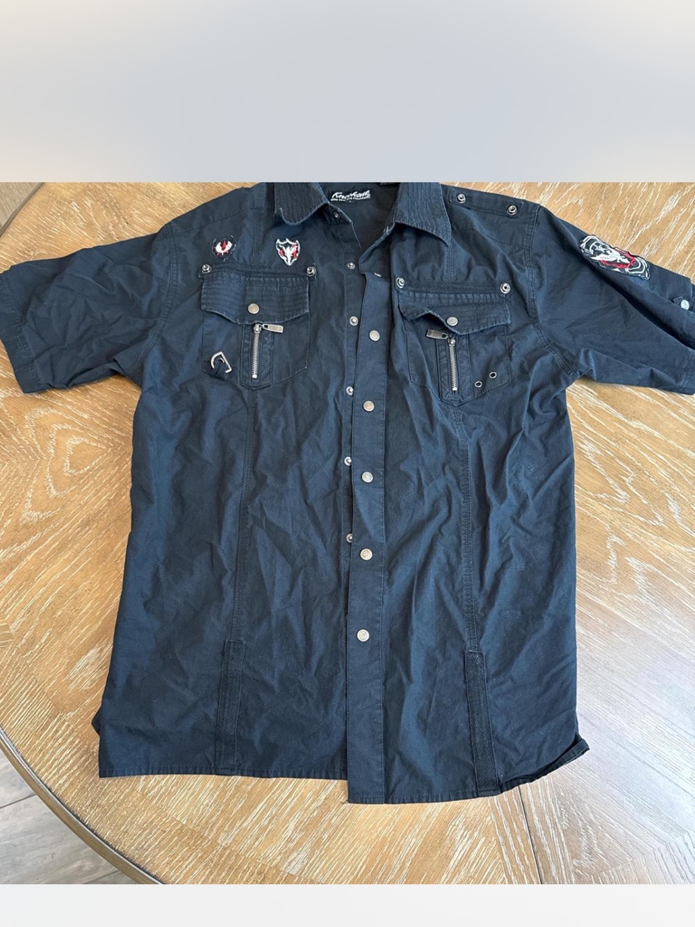 Vintage KnockOut Black Short Sleeve Military-Style Button Shirt Jacket